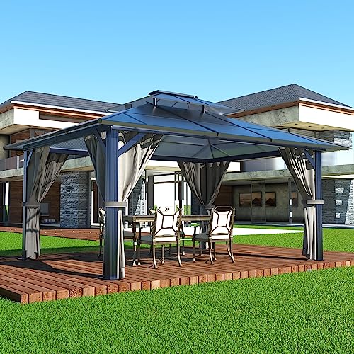 MUPATER 10x13FT Outdoor Polycarbonate Hardtop Gazebo with Double Roof Canopy, Aluminum Frame, Netting and Curtainsfor Patios, Deck, Lawns, Gardens