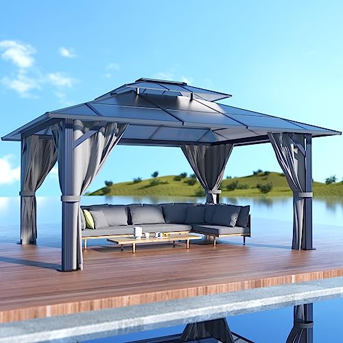 MUPATER 10x13FT Outdoor Polycarbonate Hardtop Gazebo with Double Roof Canopy, Aluminum Frame, Netting and Curtainsfor Patios, Deck, Lawns, Gardens