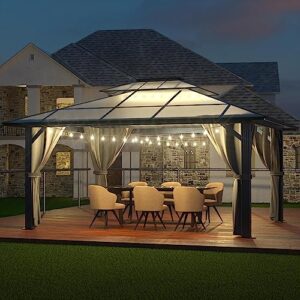MUPATER 10x13FT Outdoor Polycarbonate Hardtop Gazebo with Double Roof Canopy, Aluminum Frame, Netting and Curtainsfor Patios, Deck, Lawns, Gardens