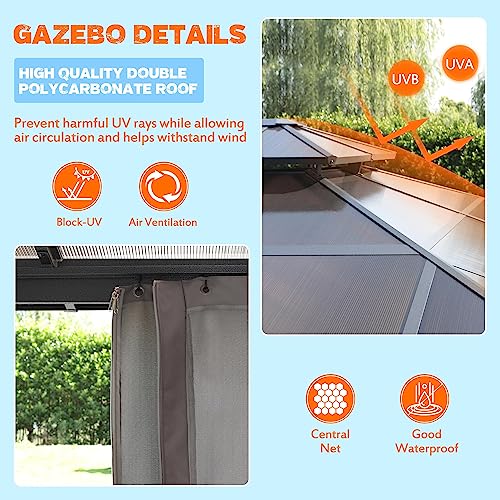MUPATER 10x13FT Outdoor Polycarbonate Hardtop Gazebo with Double Roof Canopy, Aluminum Frame, Netting and Curtainsfor Patios, Deck, Lawns, Gardens