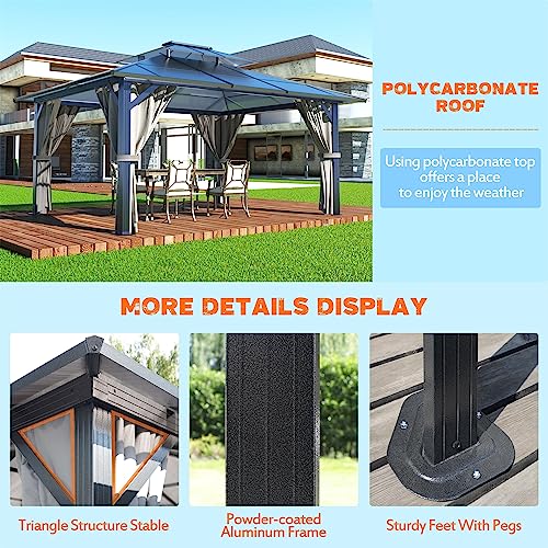 MUPATER 10x13FT Outdoor Polycarbonate Hardtop Gazebo with Double Roof Canopy, Aluminum Frame, Netting and Curtainsfor Patios, Deck, Lawns, Gardens