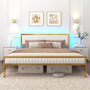 homfamilia king size bed frame with headboard, upholstered white and gold platform bed frame w/led lights and under-bed storage, no box spring needed, noise free, easy assembly