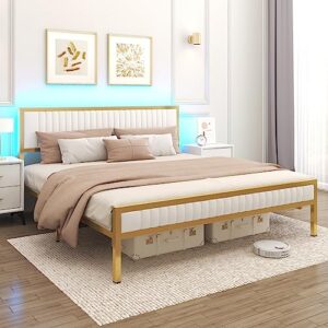 HOMFAMILIA King Size Bed Frame with Headboard, Upholstered White and Gold Platform Bed Frame w/LED Lights and Under-Bed Storage, No Box Spring Needed, Noise Free, Easy Assembly