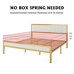 HOMFAMILIA King Size Bed Frame with Headboard, Upholstered White and Gold Platform Bed Frame w/LED Lights and Under-Bed Storage, No Box Spring Needed, Noise Free, Easy Assembly