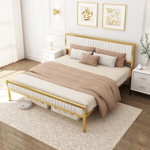 HOMFAMILIA King Size Bed Frame with Headboard, Upholstered White and Gold Platform Bed Frame w/LED Lights and Under-Bed Storage, No Box Spring Needed, Noise Free, Easy Assembly