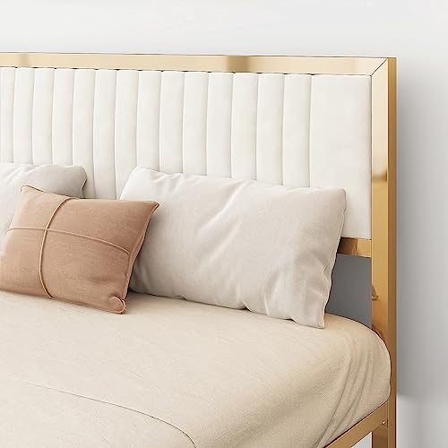 HOMFAMILIA King Size Bed Frame with Headboard, Upholstered White and Gold Platform Bed Frame w/LED Lights and Under-Bed Storage, No Box Spring Needed, Noise Free, Easy Assembly