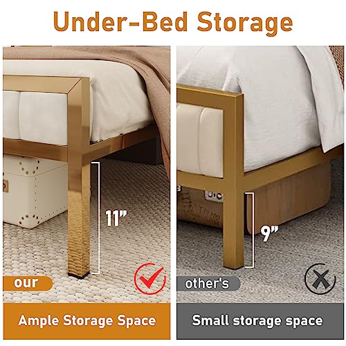 HOMFAMILIA King Size Bed Frame with Headboard, Upholstered White and Gold Platform Bed Frame w/LED Lights and Under-Bed Storage, No Box Spring Needed, Noise Free, Easy Assembly