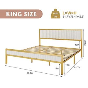 HOMFAMILIA King Size Bed Frame with Headboard, Upholstered White and Gold Platform Bed Frame w/LED Lights and Under-Bed Storage, No Box Spring Needed, Noise Free, Easy Assembly