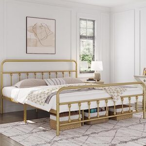 topeakmart king size victorian style metal bed frame with headboard/mattress foundation/no box spring needed/under bed storage/strong slat support antique gold