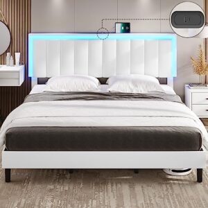 dictac king bed frame with led lights and usb ports modern upholstered platform bed frame with headboard king size faux leather led bed frame,wooden slats, no box spring needed, easy assembly, white