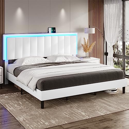 DICTAC King Bed Frame with Led Lights and USB Ports Modern Upholstered Platform Bed Frame with Headboard King Size Faux Leather Led Bed Frame,Wooden Slats, No Box Spring Needed, Easy Assembly, White