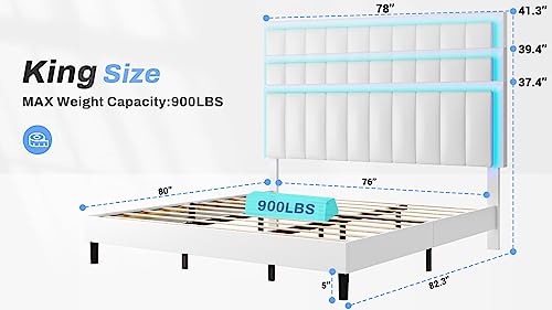 DICTAC King Bed Frame with Led Lights and USB Ports Modern Upholstered Platform Bed Frame with Headboard King Size Faux Leather Led Bed Frame,Wooden Slats, No Box Spring Needed, Easy Assembly, White