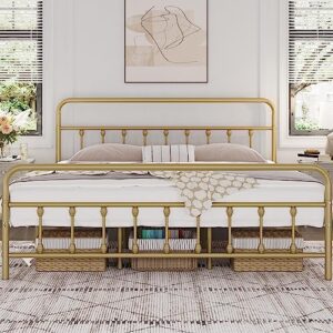 yaheetech classic metal platform bed frame mattress foundation with victorian style iron-art headboard/footboard/under bed storage/no box spring needed/king size antique gold