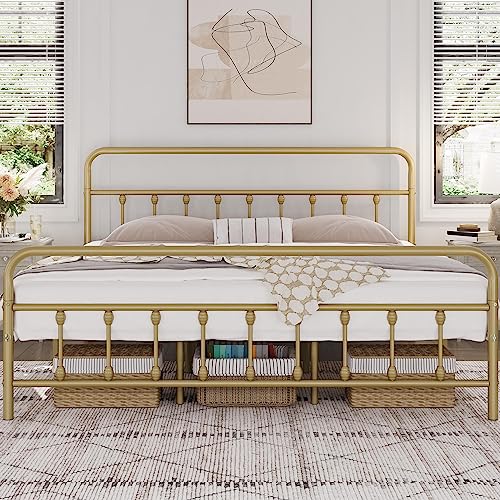 Yaheetech Classic Metal Platform Bed Frame Mattress Foundation with Victorian Style Iron-Art Headboard/Footboard/Under Bed Storage/No Box Spring Needed/King Size Antique Gold