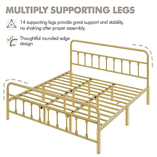 Yaheetech Classic Metal Platform Bed Frame Mattress Foundation with Victorian Style Iron-Art Headboard/Footboard/Under Bed Storage/No Box Spring Needed/King Size Antique Gold