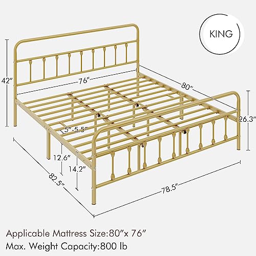 Yaheetech Classic Metal Platform Bed Frame Mattress Foundation with Victorian Style Iron-Art Headboard/Footboard/Under Bed Storage/No Box Spring Needed/King Size Antique Gold