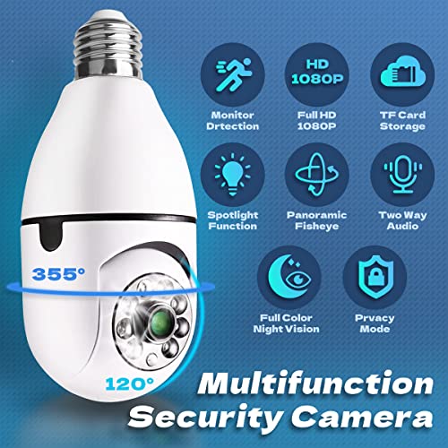 Light Bulb Socket Security Camera - 1080P Security Camera Indoor Wireless for Pet Camera, 355 °Panorama Light Bulb Camera with Motion Detection Auto Tracking Night Vision（No SD Card)