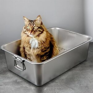 Gralara Open Top Pet Cat Litter Box Kitten Litter Pan Kitten Potty Toilet Stainless Steel Durable Cat Bedpan Cat Sandbox for Small Medium Large Cats, 50cmx35cmx10cm