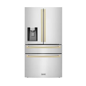 zline 36" autograph edition 21.6 cu. ft 4-door french door refrigerator with water and ice dispenser in stainless steel with champagne bronze square handles (rfmz-w-36-fcb)