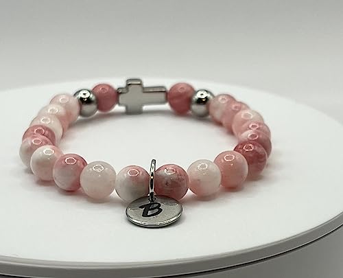 Women's Cross Bracelet with Initial Charm, Pink White Jade Semi Precious Stones (7, Pink White Jade)