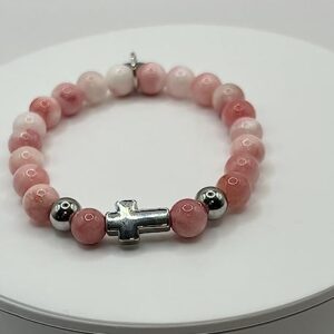 Women's Cross Bracelet with Initial Charm, Pink White Jade Semi Precious Stones (7, Pink White Jade)