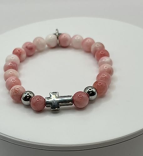 Women's Cross Bracelet with Initial Charm, Pink White Jade Semi Precious Stones (7, Pink White Jade)