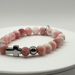 Women's Cross Bracelet with Initial Charm, Pink White Jade Semi Precious Stones (7, Pink White Jade)