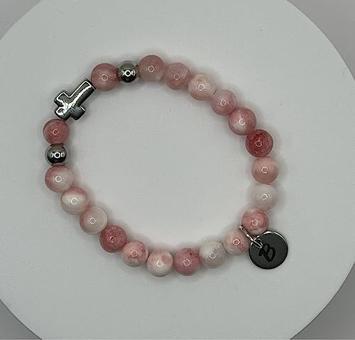 Women's Cross Bracelet with Initial Charm, Pink White Jade Semi Precious Stones (7, Pink White Jade)