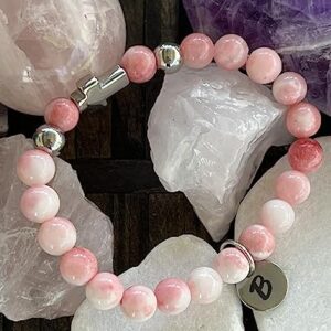 Women's Cross Bracelet with Initial Charm, Pink White Jade Semi Precious Stones (7, Pink White Jade)