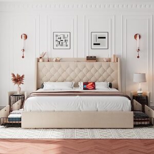 ipormis full size bed frame with 4 storage drawers, upholstered platform bed frame with type-c & usb ports, wingback storage headboard, solid wood slats, no box spring needed, beige
