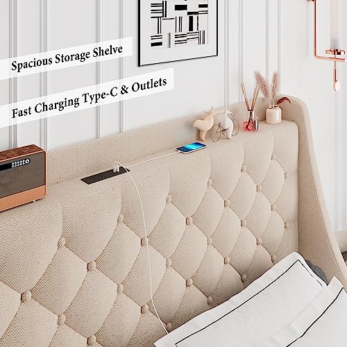 iPormis Full Size Bed Frame with 4 Storage Drawers, Upholstered Platform Bed Frame with Type-C & USB Ports, Wingback Storage Headboard, Solid Wood Slats, No Box Spring Needed, Beige