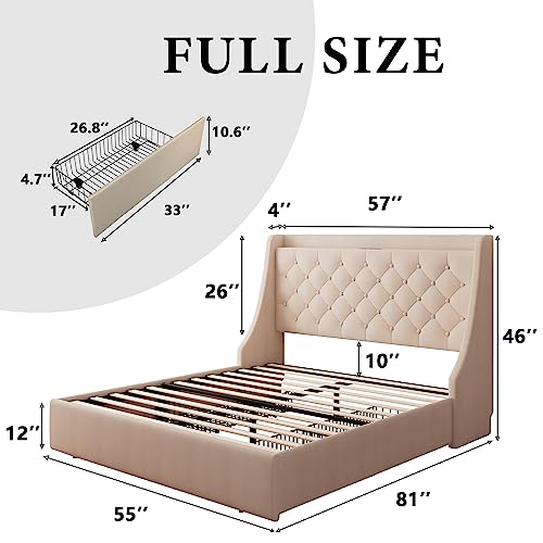 iPormis Full Size Bed Frame with 4 Storage Drawers, Upholstered Platform Bed Frame with Type-C & USB Ports, Wingback Storage Headboard, Solid Wood Slats, No Box Spring Needed, Beige