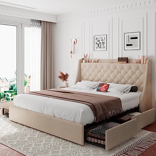 iPormis Full Size Bed Frame with 4 Storage Drawers, Upholstered Platform Bed Frame with Type-C & USB Ports, Wingback Storage Headboard, Solid Wood Slats, No Box Spring Needed, Beige