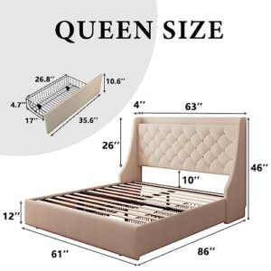 iPormis Queen Bed Frame with 4 Storage Drawers, Upholstered Platform Bed Frame with Type-C & USB Ports, Wingback Storage Headboard, Solid Wood Slats, No Box Spring Needed, Beige