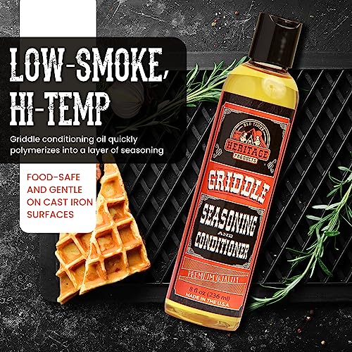 Heritage Products Griddle Seasoning Oil - Low-Smoke, Hi Temp All-Natural Cast Iron Griddle Conditioner for Dutch Oven, Camp Grill and Skillet Cleans, Protects Cast Iron Cookware with Avocado Oil