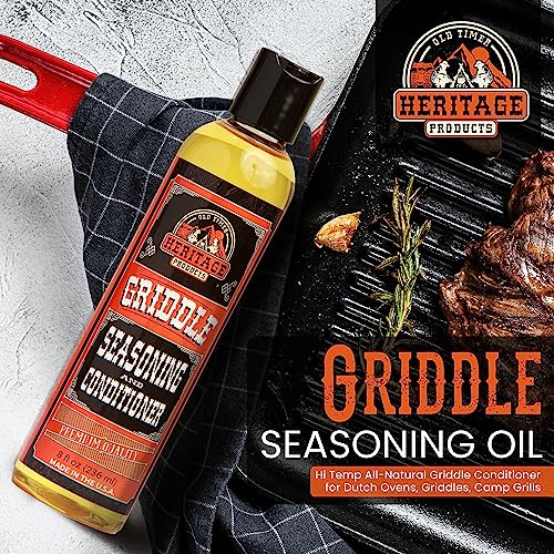 Heritage Products Griddle Seasoning Oil - Low-Smoke, Hi Temp All-Natural Cast Iron Griddle Conditioner for Dutch Oven, Camp Grill and Skillet Cleans, Protects Cast Iron Cookware with Avocado Oil