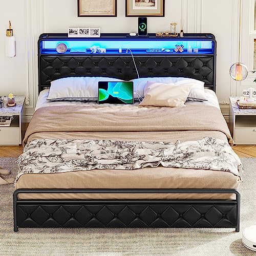 ADORNEVE King LED Bed Frame with Storage Headboard,Faux Leather King Size Platform Bed Frame with Power Outlets & USB Ports,Noise-Free,Black