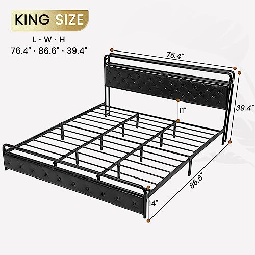 ADORNEVE King LED Bed Frame with Storage Headboard,Faux Leather King Size Platform Bed Frame with Power Outlets & USB Ports,Noise-Free,Black