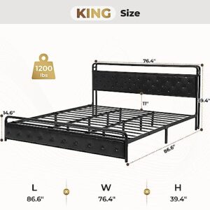 BTHFST King Size Bed Frame with Built-in LED Light Headboard, USB Ports & Outlets, Faux Leather Upholstered King Platform Bed Frame with Diamonds Tufting Design, Super Sturdy Bed Foundation, Black