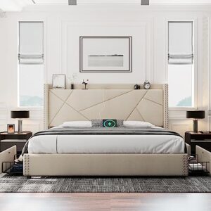 feonase king bed frame with 4 storage drawers, upholstered platform bed with charging station & wingback headboard, solid wood slats support, no box spring needed, noise-free, beige