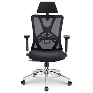 ticova ergonomic office chair - high back desk chair with adjustable lumbar support, headrest & 3d metal armrest - 130°rocking mesh computer chair