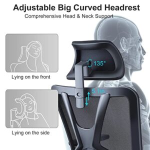 Ticova Ergonomic Office Chair - High Back Desk Chair with Adjustable Lumbar Support, Headrest & 3D Metal Armrest - 130°Rocking Mesh Computer Chair