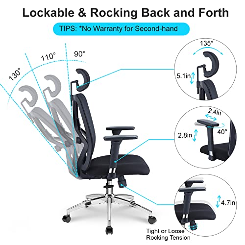 Ticova Ergonomic Office Chair - High Back Desk Chair with Adjustable Lumbar Support, Headrest & 3D Metal Armrest - 130°Rocking Mesh Computer Chair