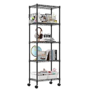homdox 5 tier wire shelving unit on wheels, adjustable storage racks and shelving, heavy duty rolling metal shelves with side hooks for laundry bathroom kitchen garage pantry organization, black