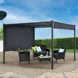 10×10 outdoor pergola with retractable canopy & solar lights - heavy duty steel metal patio pergola gazebo for garden backyard porch, grey