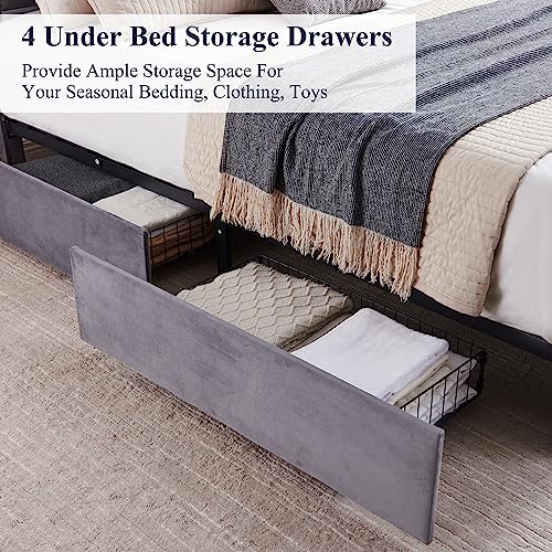 Queen Size Upholstered Platform Bed Frame Platform with 4 Storage Drawers, Adjustable Velvet Rivets Headboard, Wooden Slats Support, No Box Spring Needed, Easy Assembly