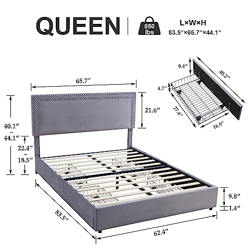 Queen Size Upholstered Platform Bed Frame Platform with 4 Storage Drawers, Adjustable Velvet Rivets Headboard, Wooden Slats Support, No Box Spring Needed, Easy Assembly