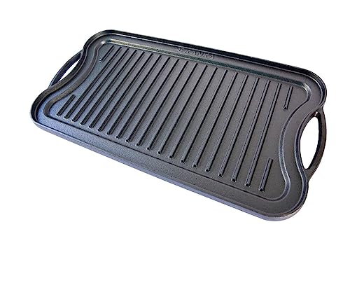 KANKA Cast Iron Griddle - 19.7in X 10.23in, Pre-seasoned, Rectangular, Reversible, Doublesided, Black, Includes Stainless Steel Chain Cleaner