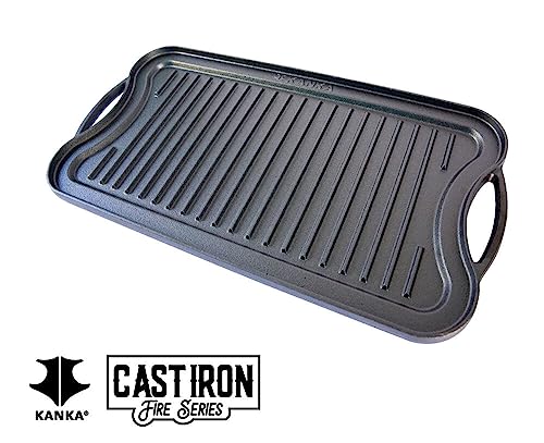 KANKA Cast Iron Griddle - 19.7in X 10.23in, Pre-seasoned, Rectangular, Reversible, Doublesided, Black, Includes Stainless Steel Chain Cleaner
