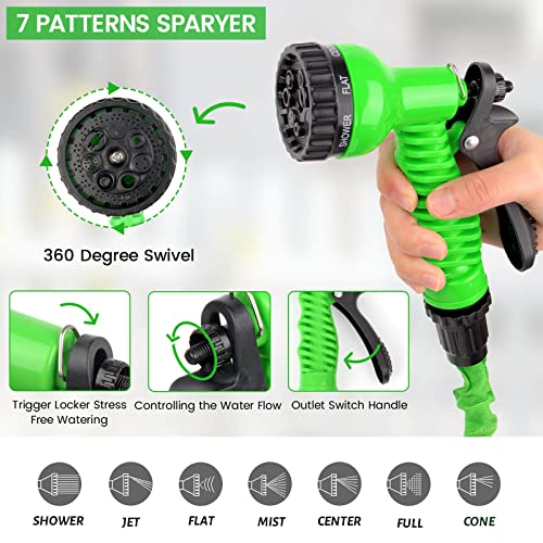 Expandable Garden Hose 50FT, Lightweight Water Pipe Water Hose with 7 Function Spray Nozzle, Portable Retractable Hose for Garden Yard Cleaning, Green